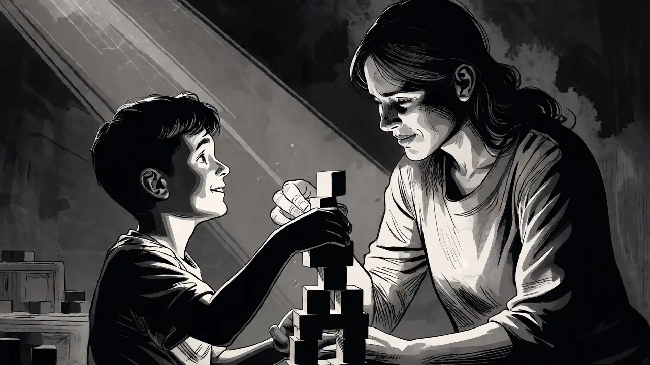 Matka a syn si společně hrají s kostkami ve světle, noir komiks