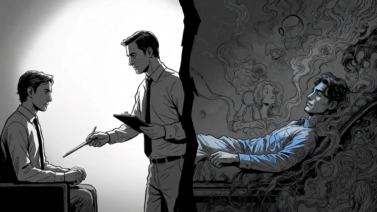 Rozdělená scéna porovnávající aktivní koučink s hloubkovou psychoanalýzou ve stylu noir.