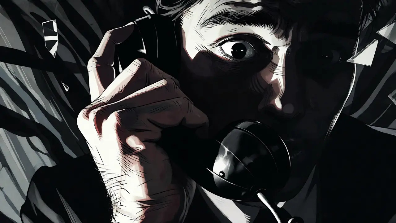 Ruka svírající telefon v temném komiksovém stylu
