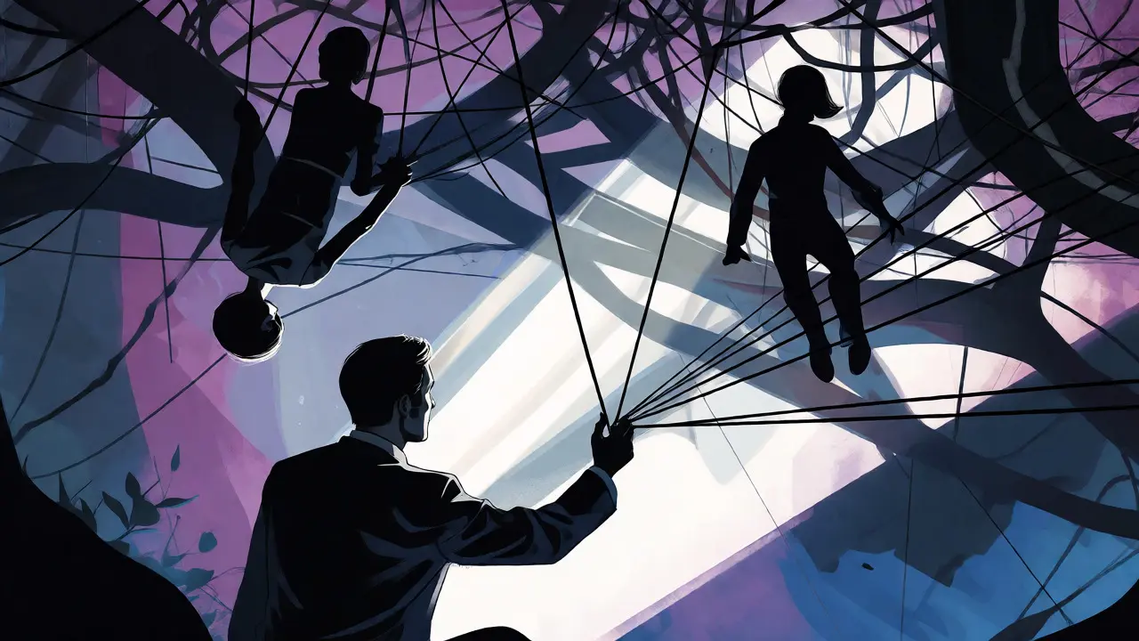 Terapeut upravuje napjaté provazy rodinného systému, noir ilustrace