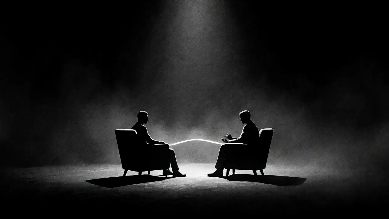 Terapeutická setkání osvětlená jedním světlem v noir atmosféře.