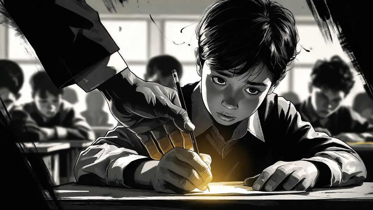 Učitel pomáhá žákovi s psaním, osvětleno dramatičním světlem v noir komiksu